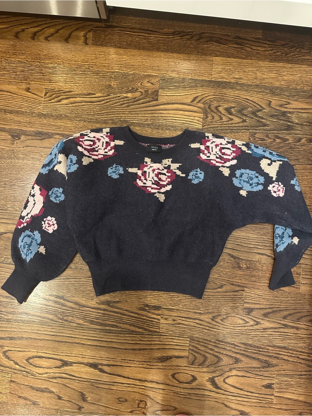 Vici Crop Navy Floral Crewneck Sweater with Pink & Light Blue Accents